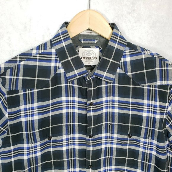 Express Fitted Plaid Pearl Snap Long Sleeve Shirt - Picture 5 of 8